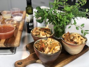 Bowls of Chef Amy's blackened shrimp pasta